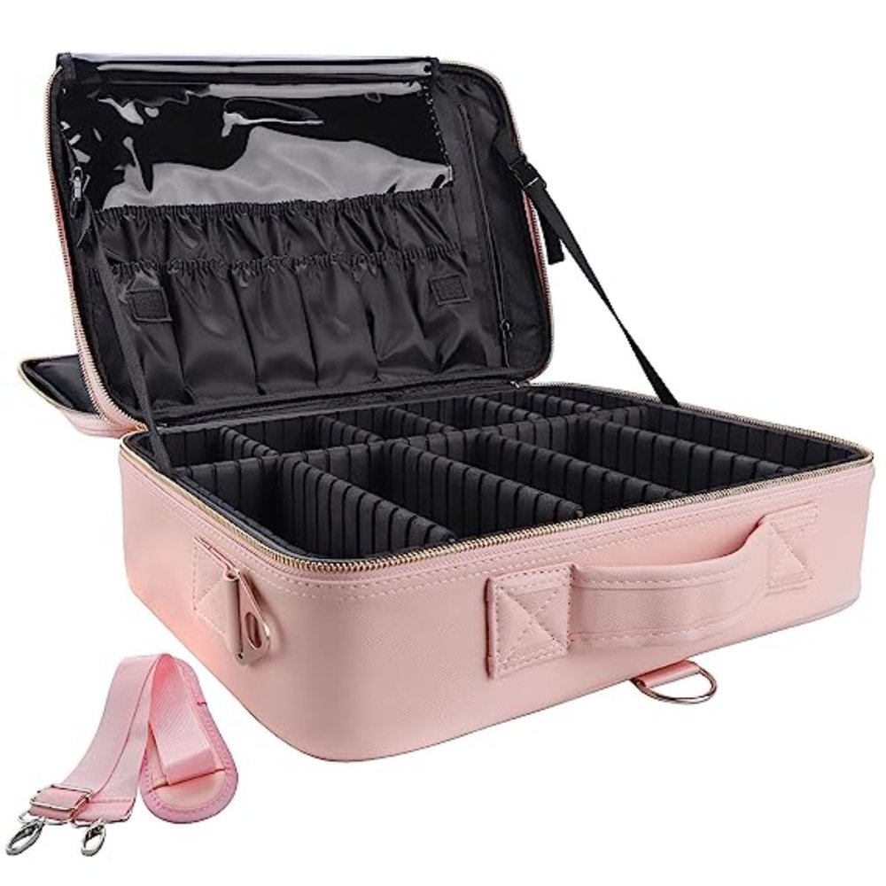 Large Makeup Case Organizer With Shoulder Strap & Adjustable Dividers